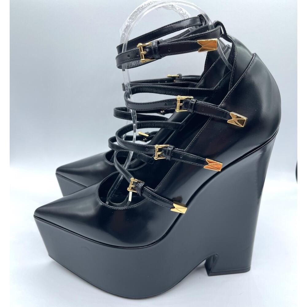 VERSACE Tempest Calf Leather Black Platform Pumps with Gold Hardware Size 39 - Picture 13 of 16